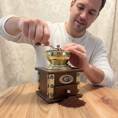 Vintage 1960s CAFFE Manual Burr Coffee Grinder Wood Brass Retro Hand Crank - Thumbnail 5