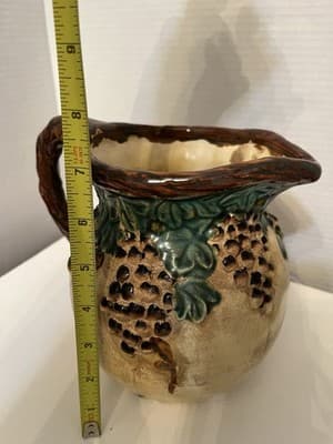 Majolica Style Ceramic Pitcher Grapevine Pattern Glossy Beige Brown Green Handle - Thumbnail 9
