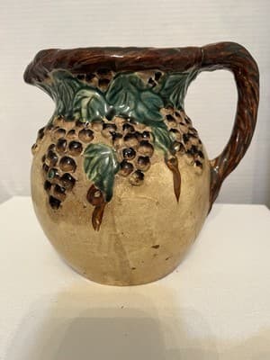 Majolica Style Ceramic Pitcher Grapevine Pattern Glossy Beige Brown Green Handle - Thumbnail 4
