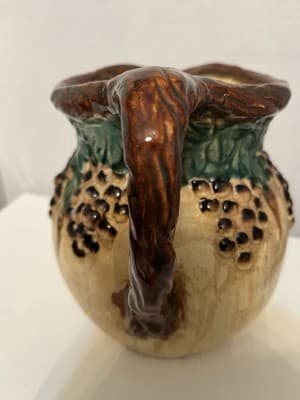 Majolica Style Ceramic Pitcher Grapevine Pattern Glossy Beige Brown Green Handle - Thumbnail 6