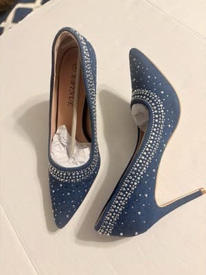 NEW Ebynue Denim Rhinestone Stiletto Heels Women’s Size 8 Versatile Sexy - Thumbnail 5