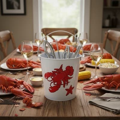 Lobster & Crab Table Setting. Lobster Serving, Crab Butter Dish, Utensil Bucket - Thumbnail 9