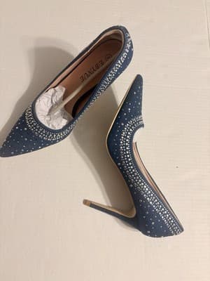 NEW Ebynue Denim Rhinestone Stiletto Heels Women’s Size 8 Versatile Sexy - Thumbnail 4