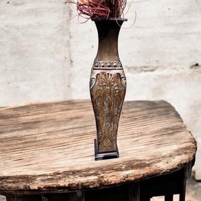 Tall Bronze Metal Table Vase Floral Pattern Traditional Decorative Trumpet - Thumbnail 3