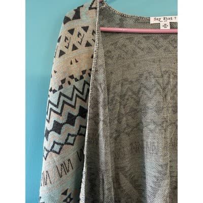 Say What? Cardigan Sweater Womens S/M Southwestern Tribal Fringe Open Front Teal - Thumbnail 2