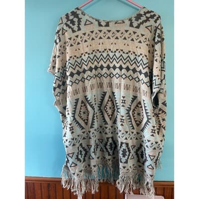 Say What? Cardigan Sweater Womens S/M Southwestern Tribal Fringe Open Front Teal - Thumbnail 3