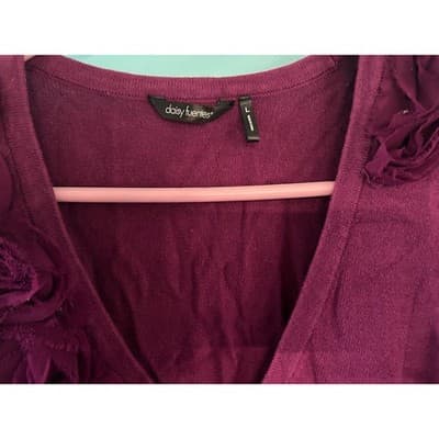 Daisy Fuentes Cardigan Sweater Womens Large Purple Floral Rosette Button Up - Thumbnail 3