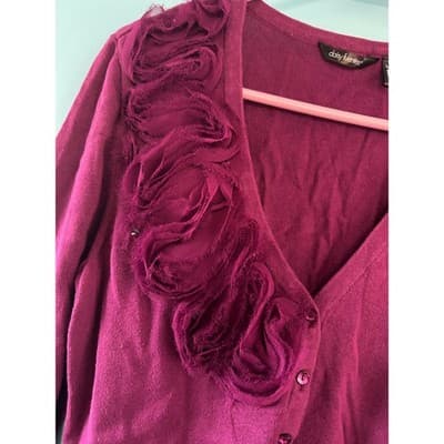 Daisy Fuentes Cardigan Sweater Womens Large Purple Floral Rosette Button Up - Thumbnail 2