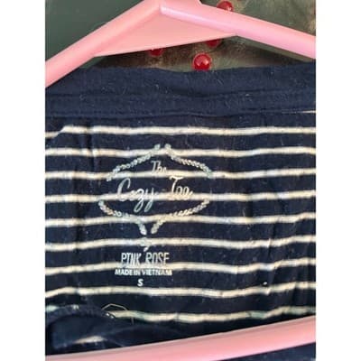 Pink Rose The Cozy Tee Long Sleeve V-Neck Shirt Navy White Small PF628995BT - Thumbnail 3