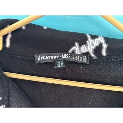 Playboy x Missguided Zip Up Jacket Black White Script Logo Fleece US 8 Mens S/M - Thumbnail 4