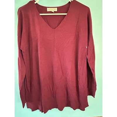 Pink Rose Sweater Womens Large Burgundy V-Neck Long Sleeve Tunic Knit Top Wine - Thumbnail 2