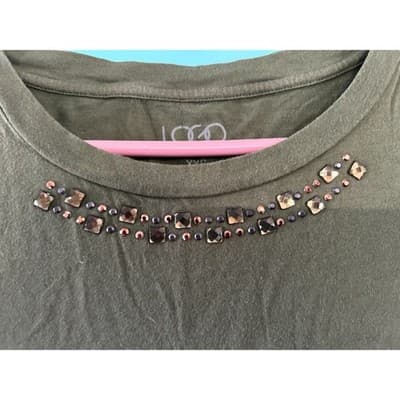 LOGO Lori Goldstein Tunic Top XXS Olive Brown Studded Neck Pockets 3/4 Sleeve - Thumbnail 2