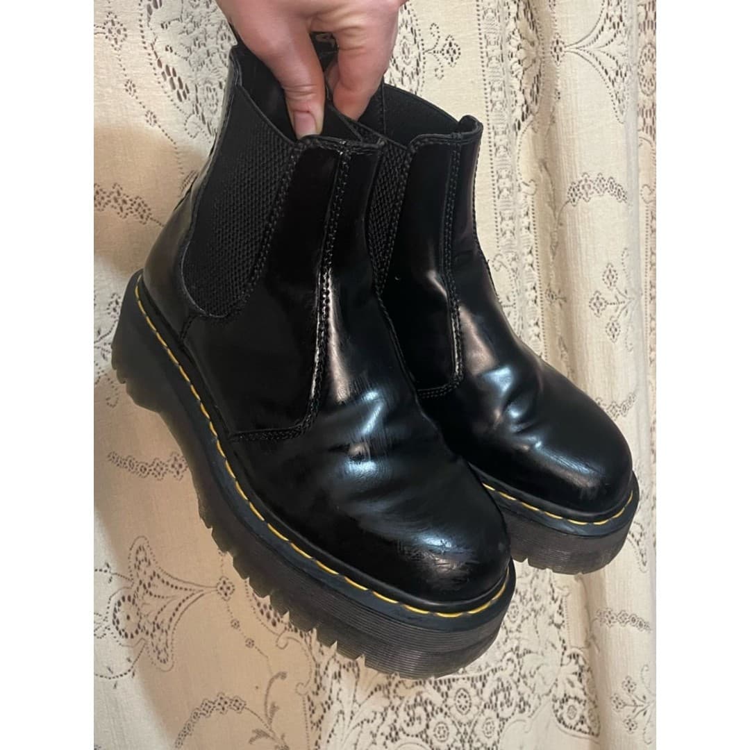 Doc martens: Chunky Black quad Platform Chelsea Boots with Yellow Stitching - Image 1