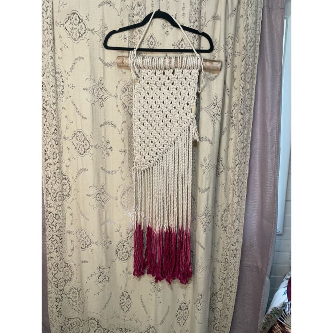 Handmade Macramé Wall Hanging with Pink Ombre Fringe - Image 1