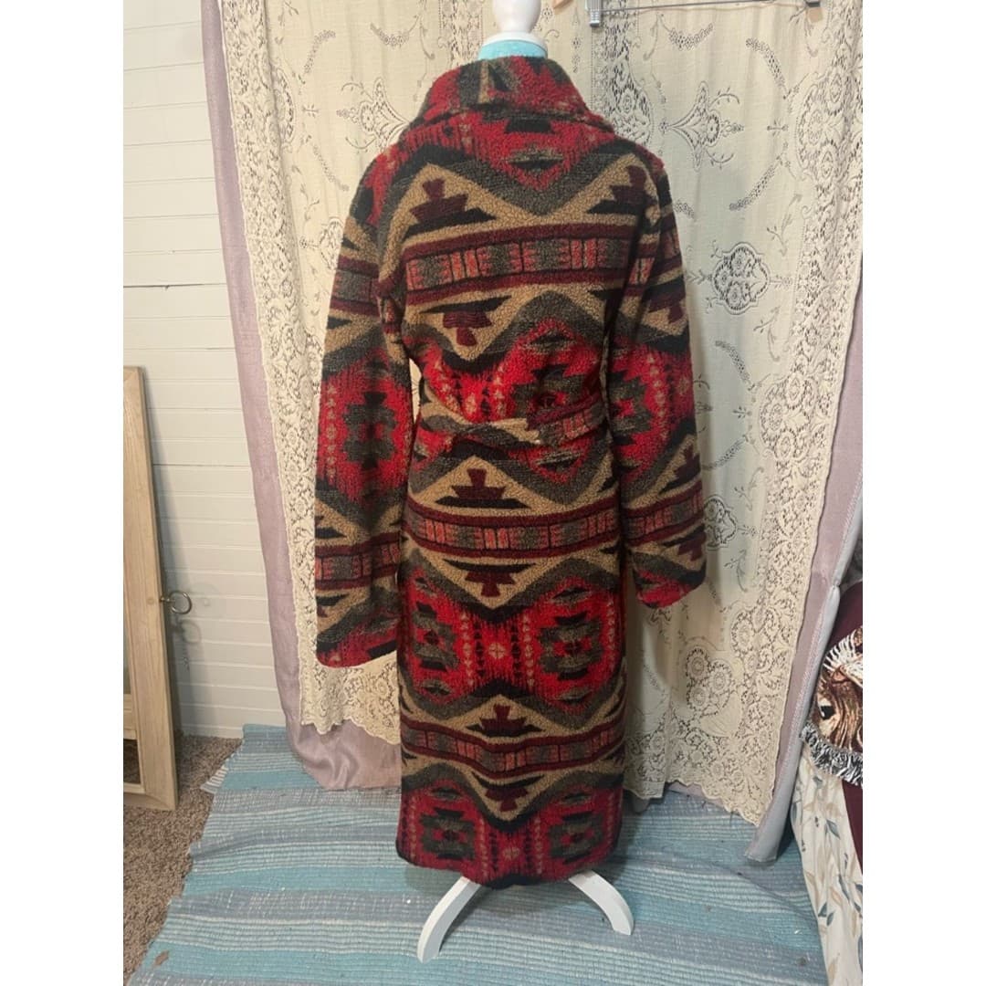 Woolrich: Southwestern Pattern Long Robe Coat in Red and Brown - Thumbnail 4