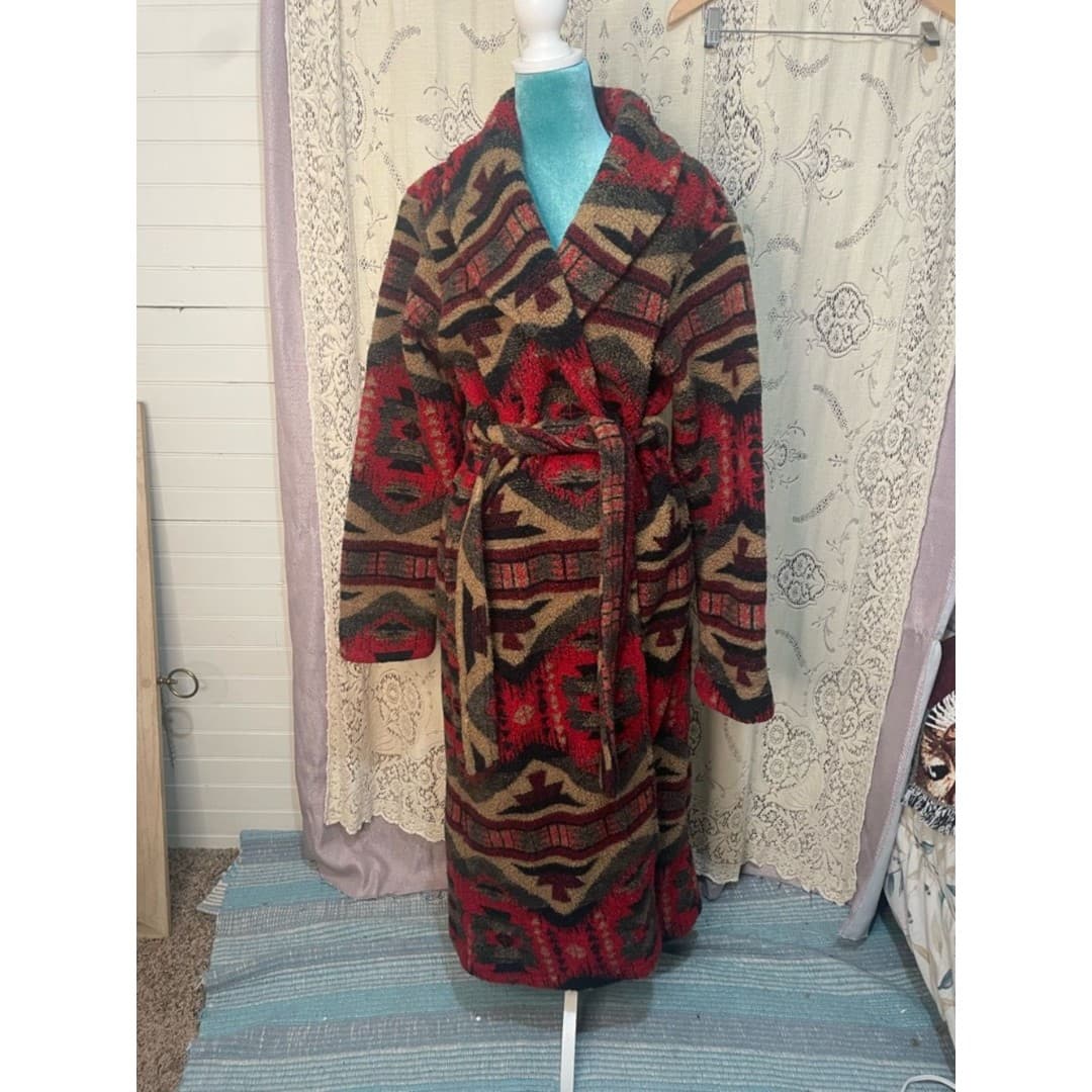 Woolrich: Southwestern Pattern Long Robe Coat in Red and Brown - Image 1