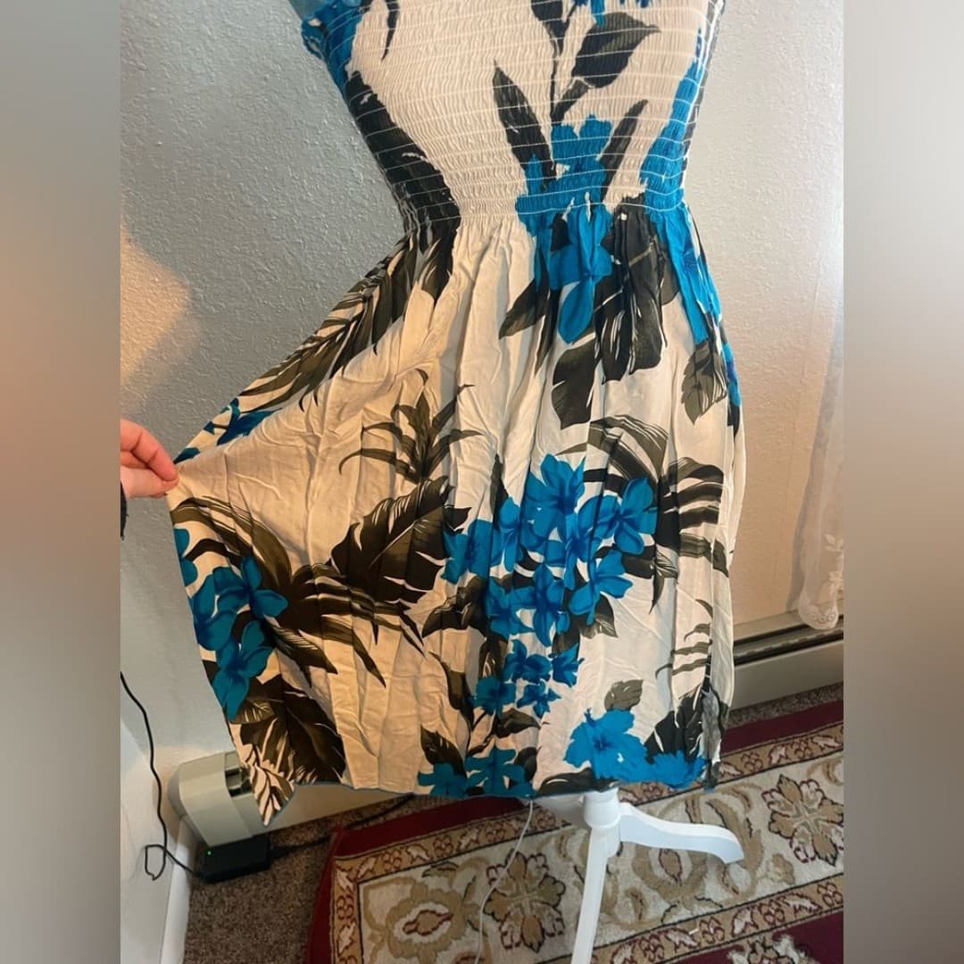 Floral Blue and Cream Women's Dress - Thumbnail 3