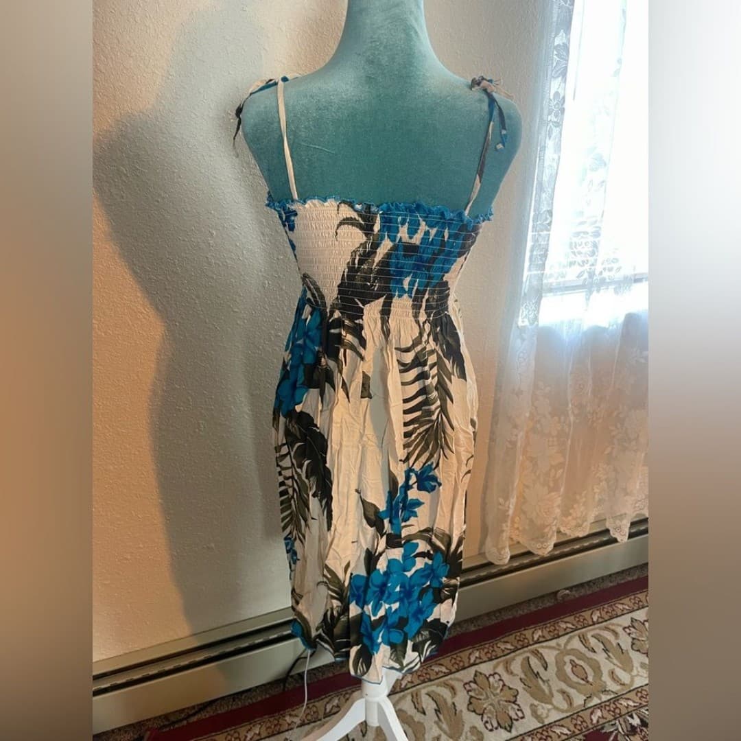 Floral Blue and Cream Women's Dress - Thumbnail 4