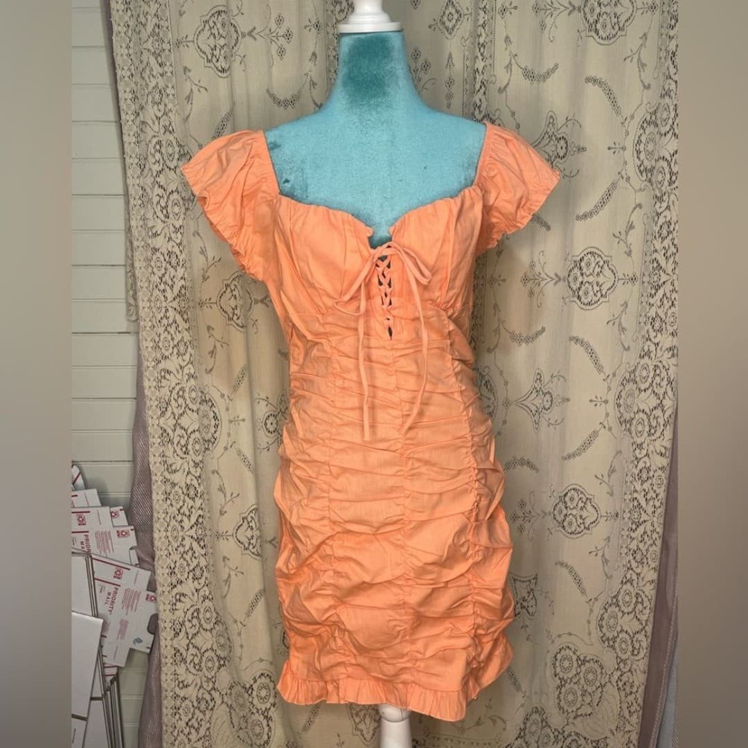 Haute monde: mini salmon ruched milkmaid dress - Image 1