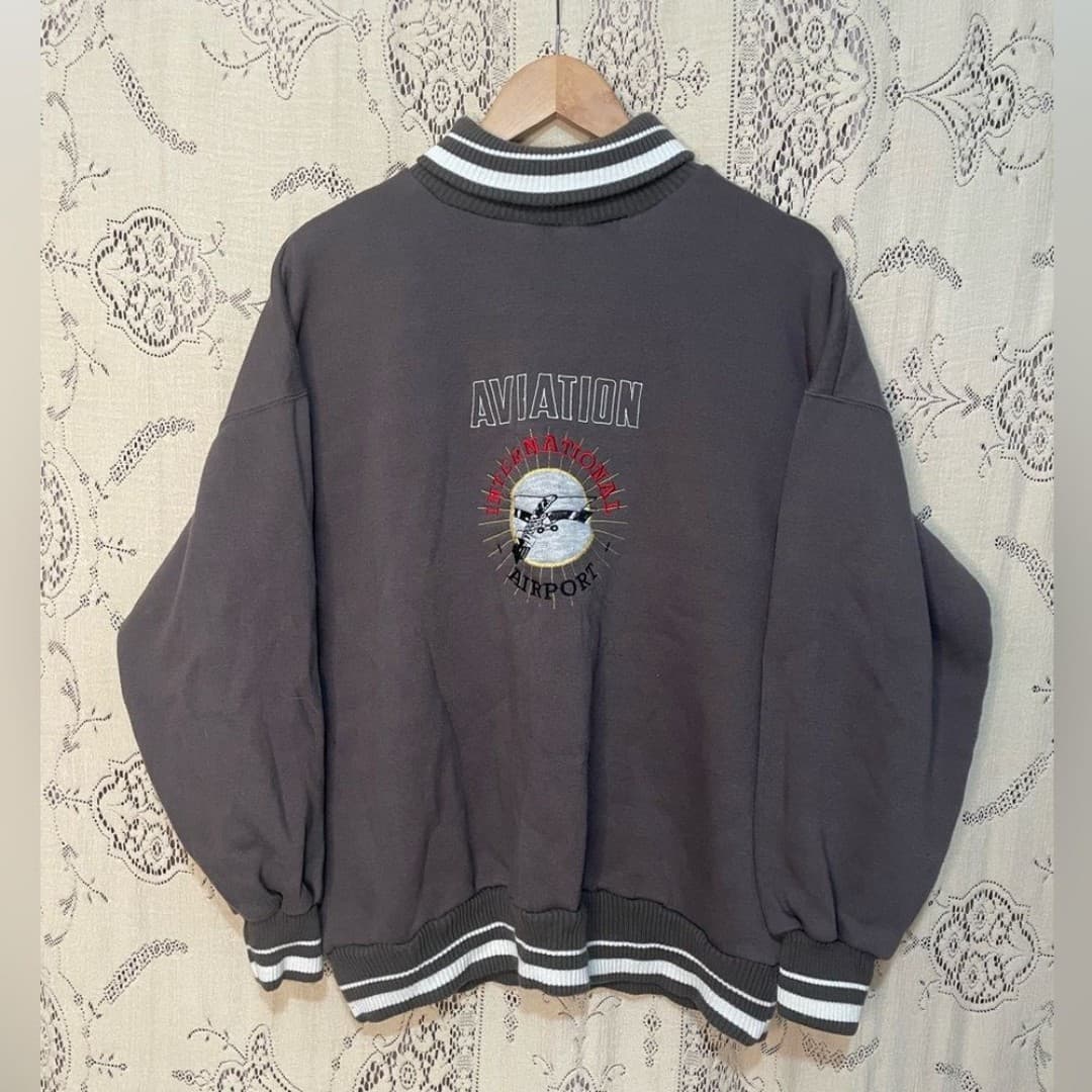 Nucleus: Aviation Embroidered Crewneck Sweatshirt - Charcoal with White Stripes - Image 1