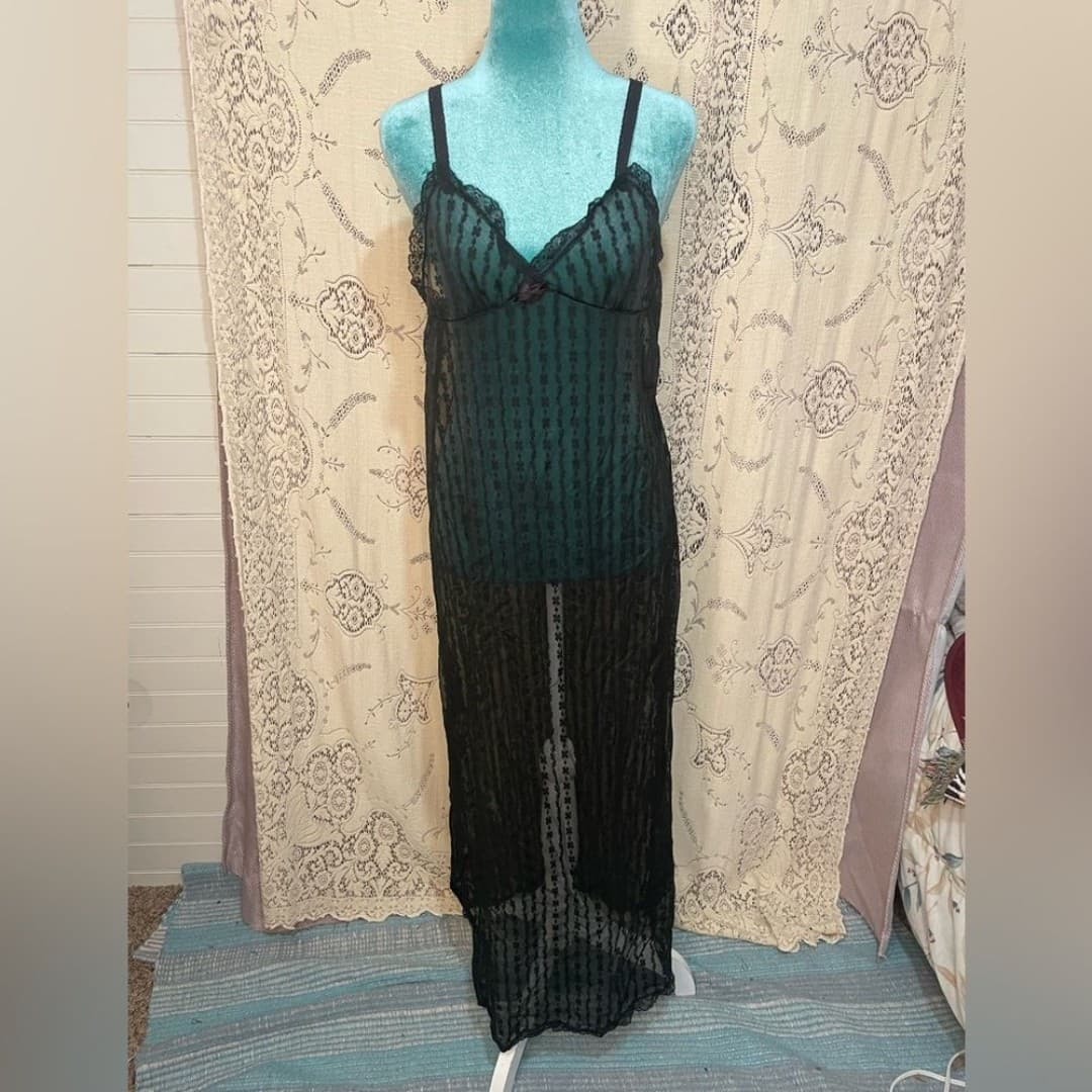 Vintage Sheer Black Striped Maxi Slip Dress - Image 1