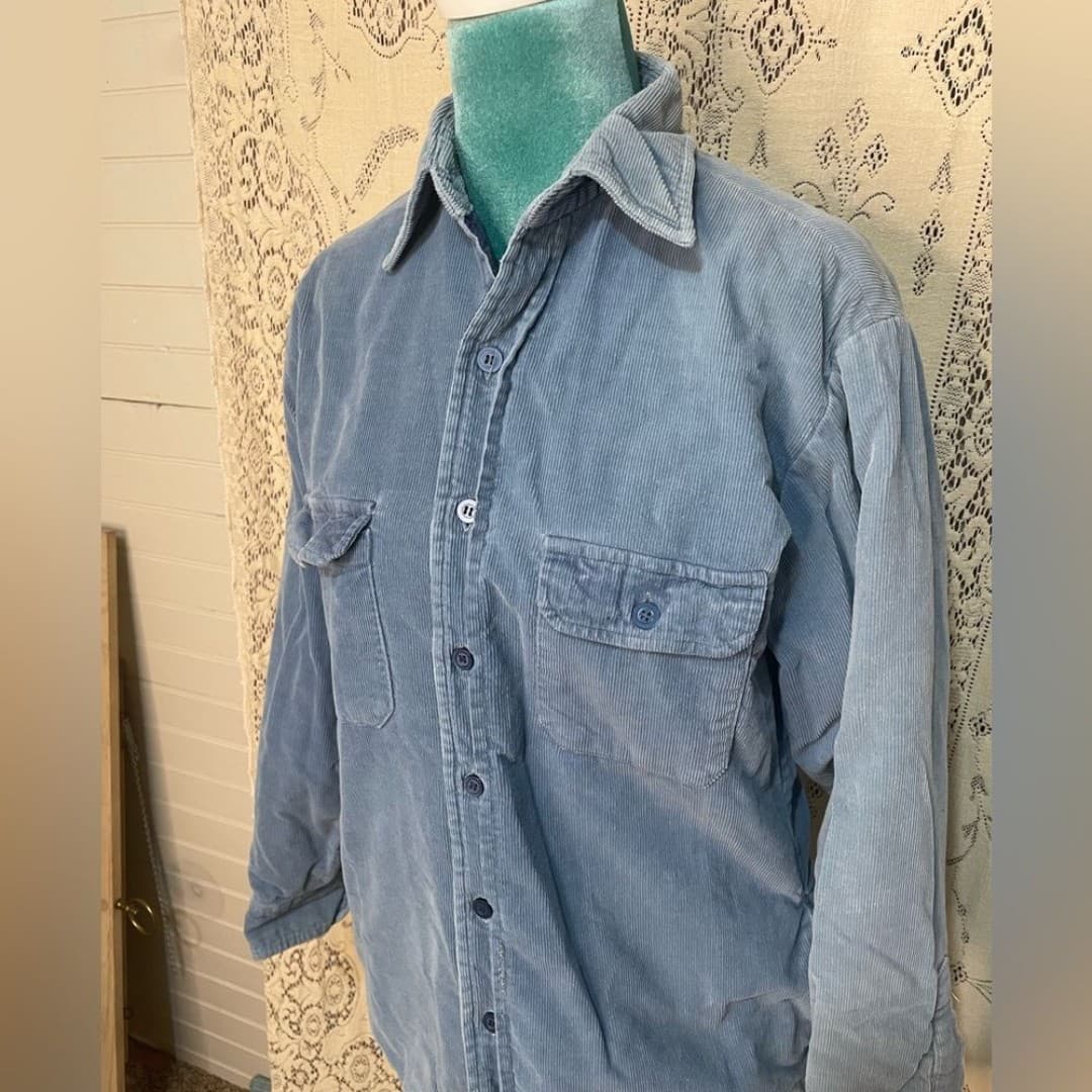 Country touch: vintage Light Blue Corduroy Shacket with Navy Quilted Lining - Thumbnail 3