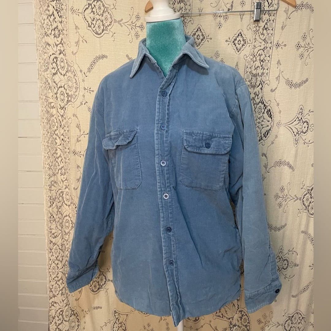 Country touch: vintage Light Blue Corduroy Shacket with Navy Quilted Lining - Thumbnail 2