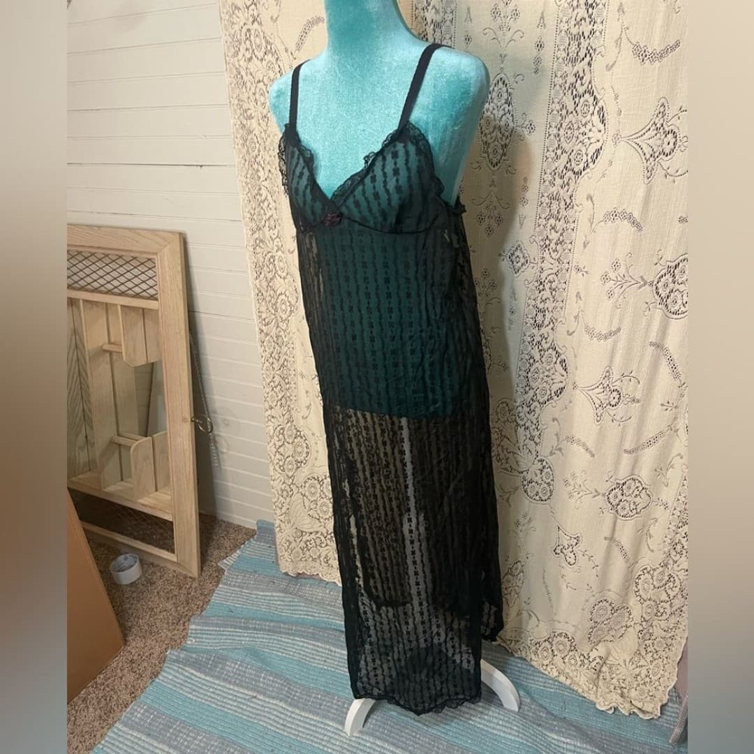 Vintage Sheer Black Striped Maxi Slip Dress - Thumbnail 2