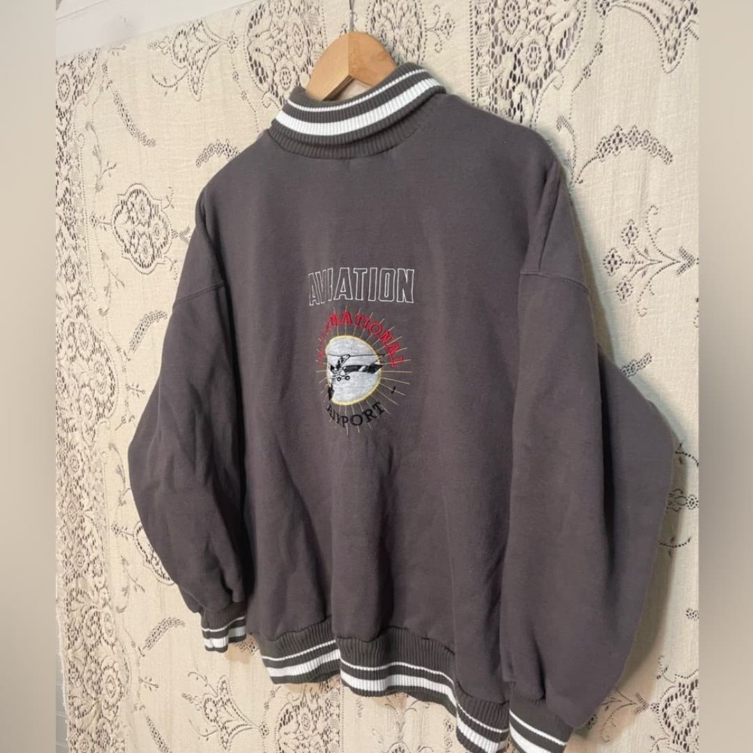 Nucleus: Aviation Embroidered Crewneck Sweatshirt - Charcoal with White Stripes - Thumbnail 2