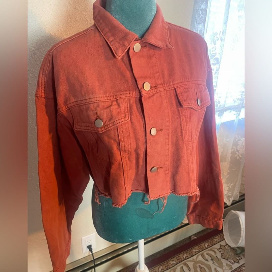 Tic toc: Trendy Orange Cropped Denim Jacket - Thumbnail 2