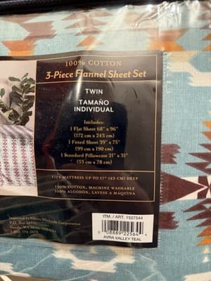 Pendleton Twin Flannel Sheet Set 3-Piece 100% Cotton Avra Valley Teal NEW - Thumbnail 3