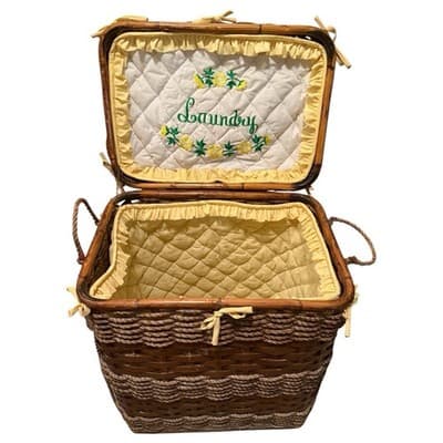 Vintage Wicker Laundry Basket Hamper Embrodiered Yellow Laundry • Beautiful - Image 1