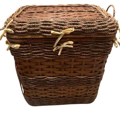 Vintage Wicker Laundry Basket Hamper Embrodiered Yellow Laundry • Beautiful - Thumbnail 6