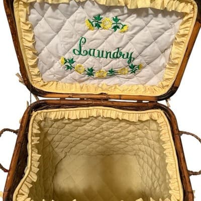 Vintage Wicker Laundry Basket Hamper Embrodiered Yellow Laundry • Beautiful - Thumbnail 10