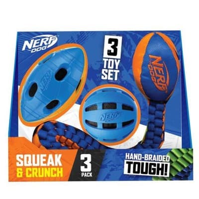 Nerf Dog Three Toy Gift Set: Crunch Ball, Tug Football, and Squeak Football Gift - Image 1