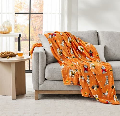 Halloween Dog Throw Plush Blanket • ORANGE with Dogs In Costumes • Pug And More! - Image 1