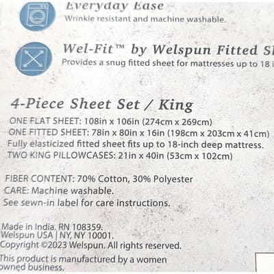 Welspun King 4 Pc Sheet Set Cotton Rich Blend Oyster Gray - Thumbnail 6