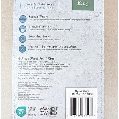 Welspun King 4 Pc Sheet Set Cotton Rich Blend Oyster Gray - Thumbnail 5