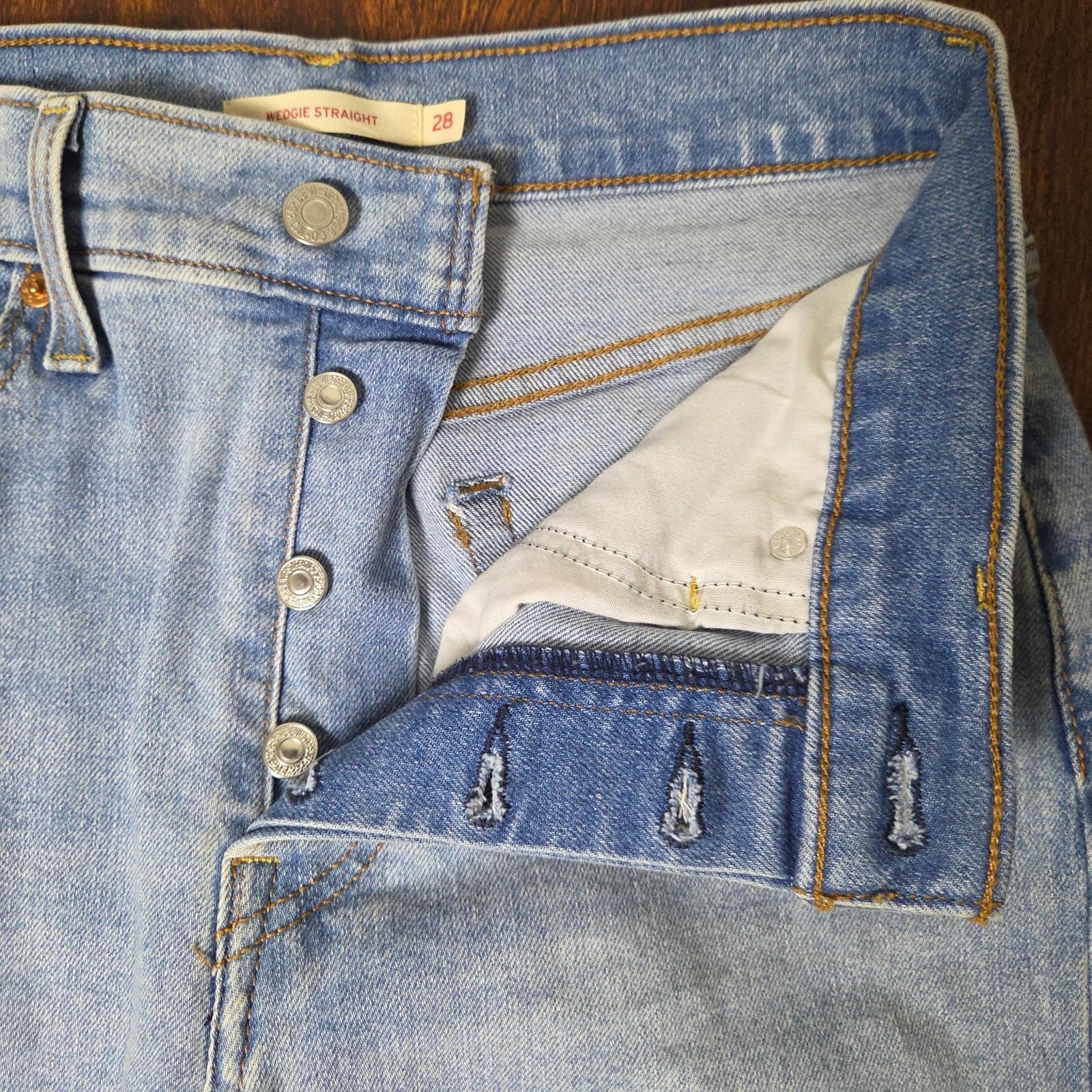 Levi's Wedgie Straight Button Fly Distressed Destroyed Light Wash Jeans Size 28 - Thumbnail 4