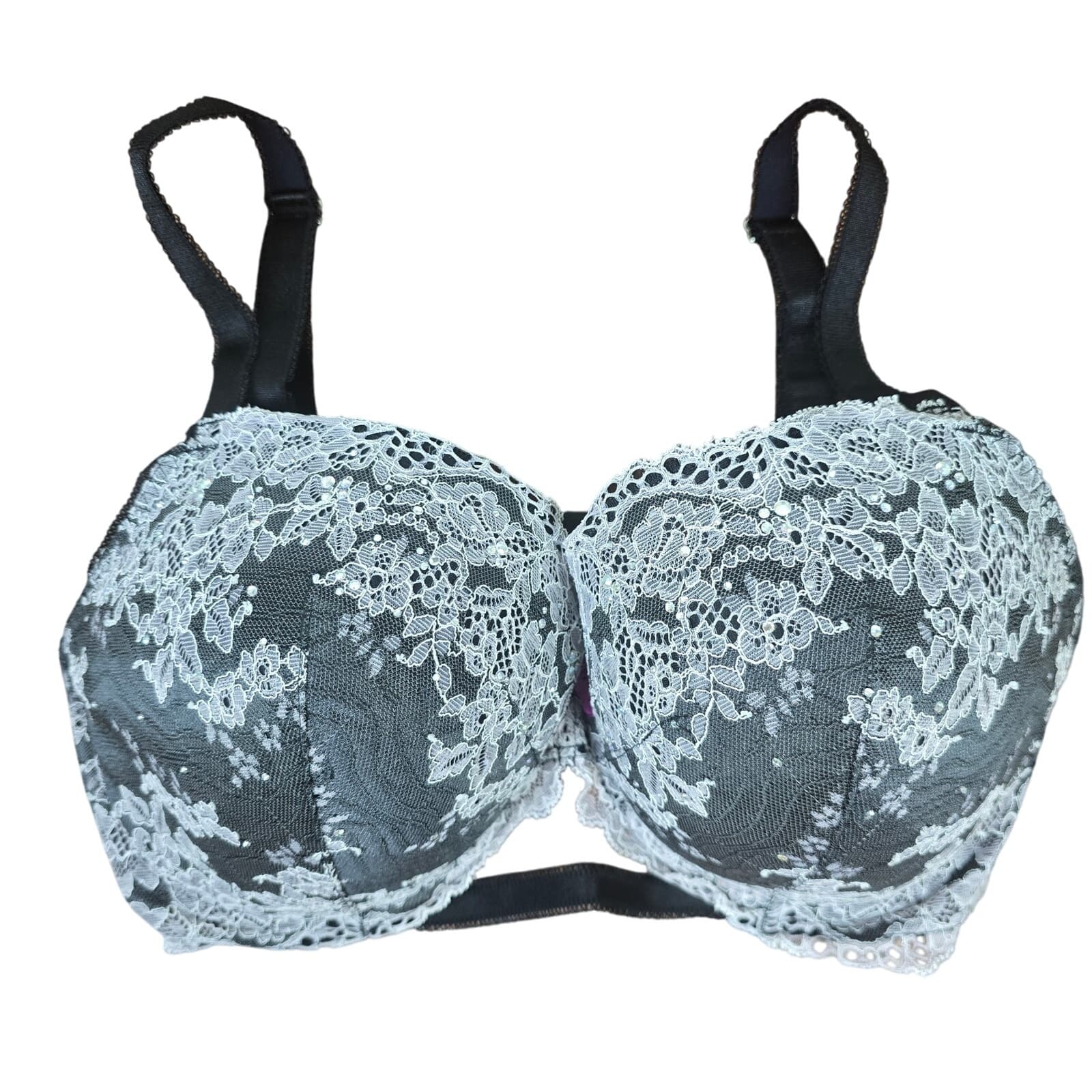Victoria's Secret Dream Angels Lined Demi Bra - Black +White Lace Bling - 34DDD - Image 1
