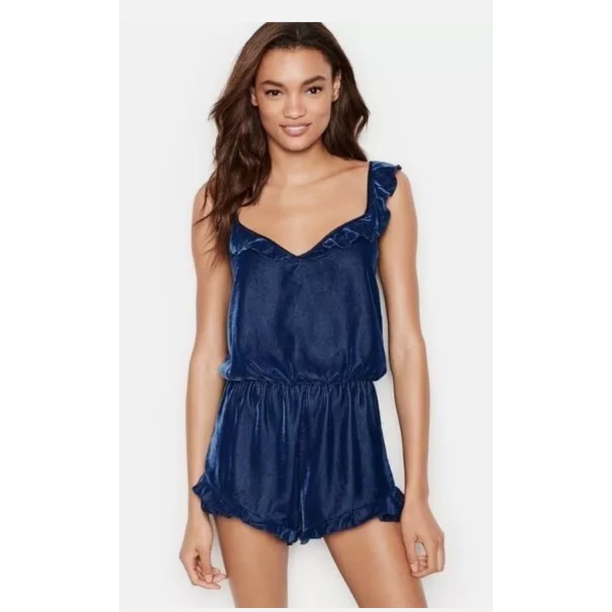 Victoria's Secret Navy Blue Velvet Velour Sleeveless Sleep Romper, Small - Thumbnail 2