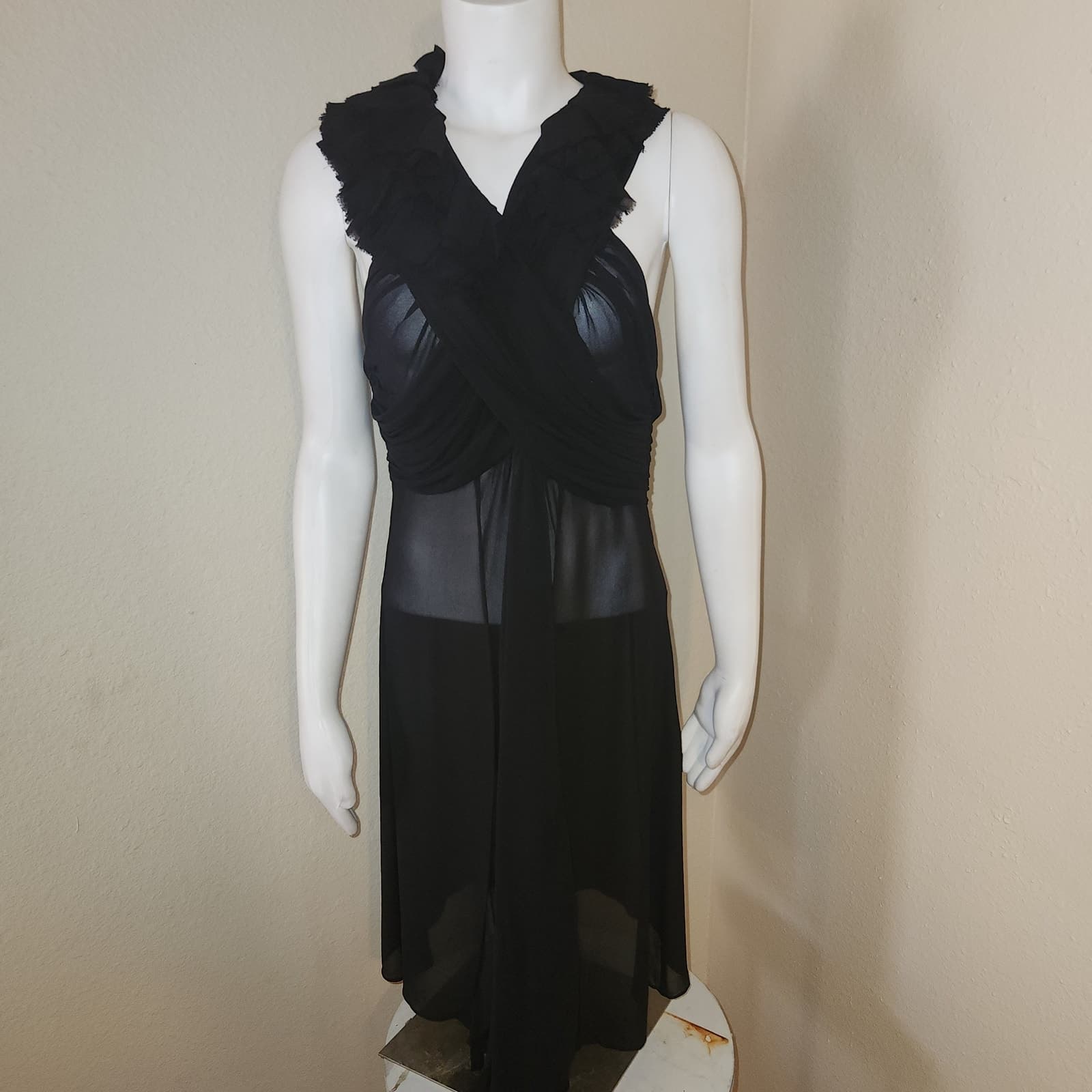 ALLSAINTS Florianna Silk Dress Ruffles Ruched Sheer Crepe Jersey Black Size 6 - Thumbnail 4