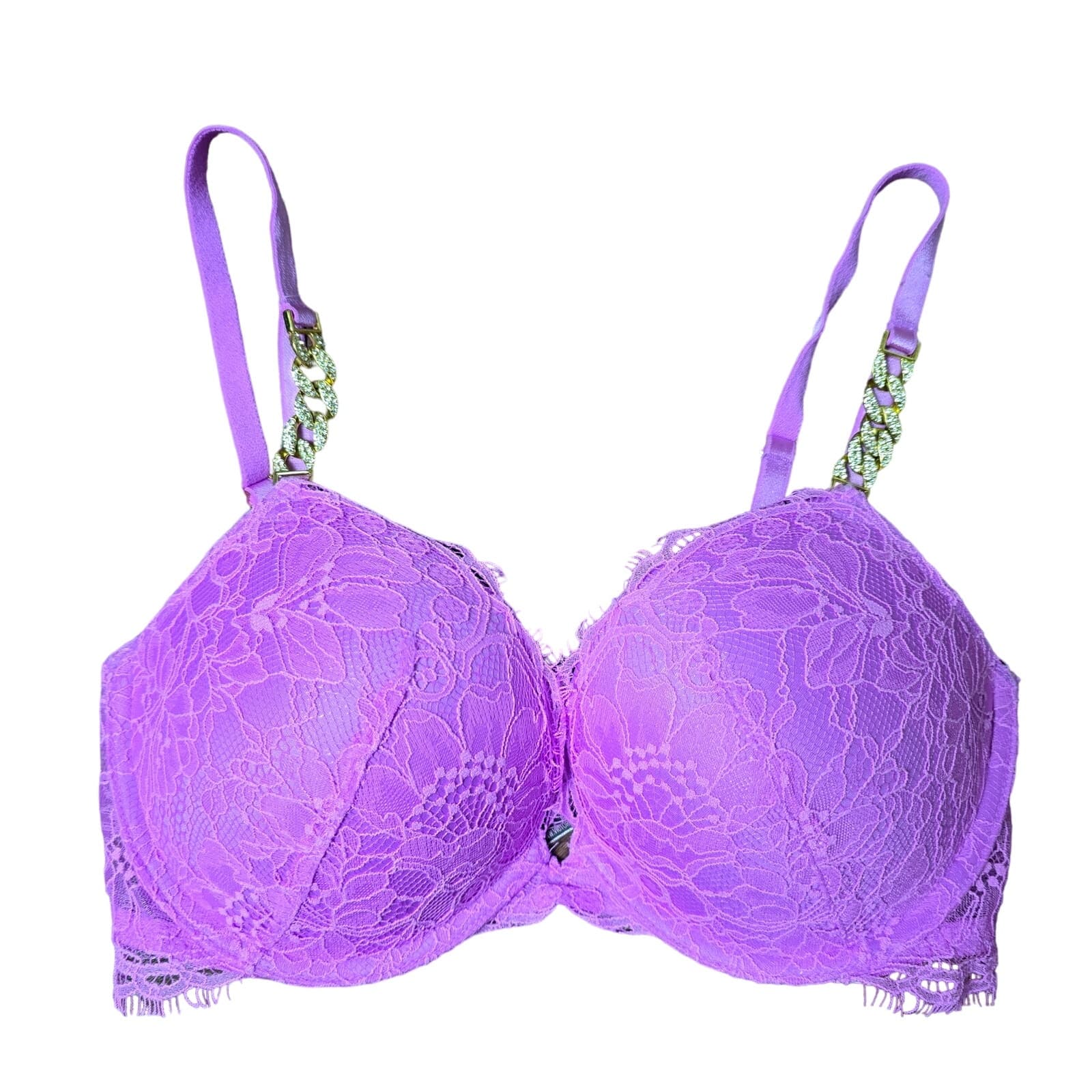 Victoria's Secret Very Sexy Push Up Purple Lace Gold Bling Chain Straps, 32D - Image 1