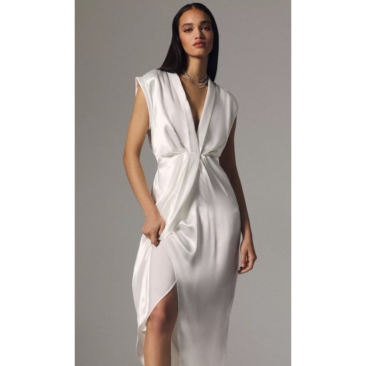 Anthropologie Sleeveless V-Neck Twist-Front Satin Dress - Ivory - Size 4 - NWT - Thumbnail 2