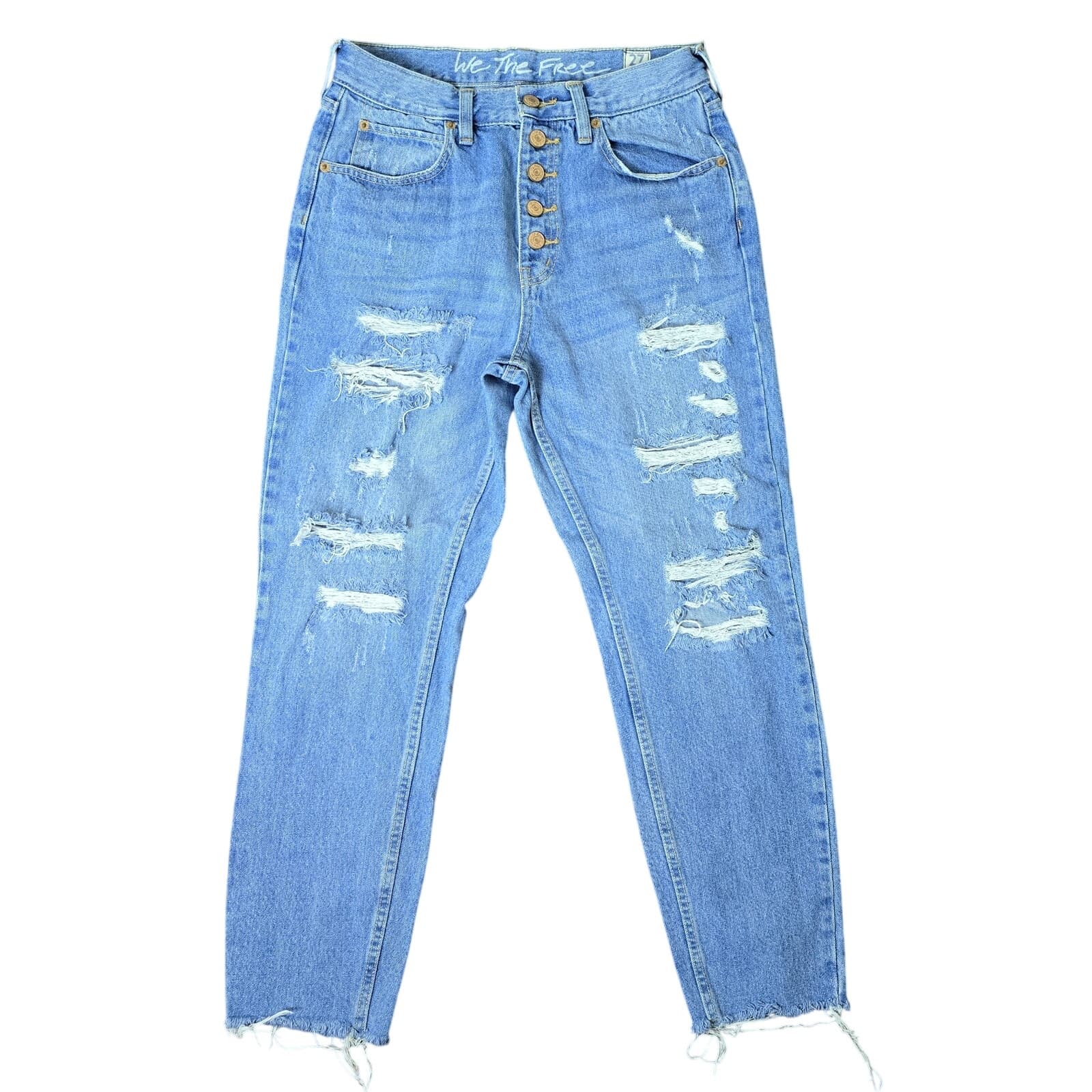We The Free Button Fly Destroyed Raw Hem Light Wash High Rise Straight Leg Jeans - Image 1