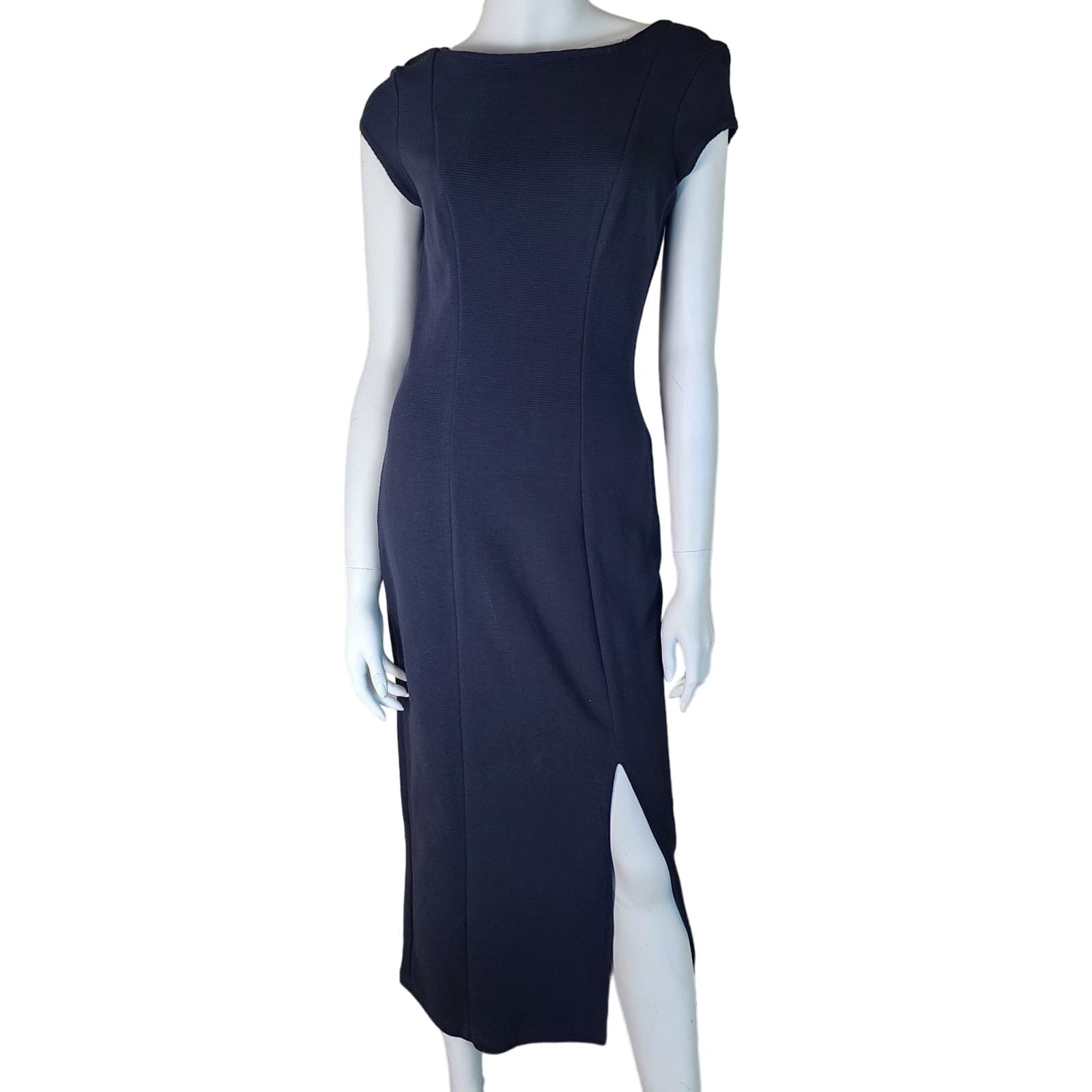 Vintage Matter of Degrees Midi Length Cap Sleeve Ribbed Classic Black Dress, M - Image 1