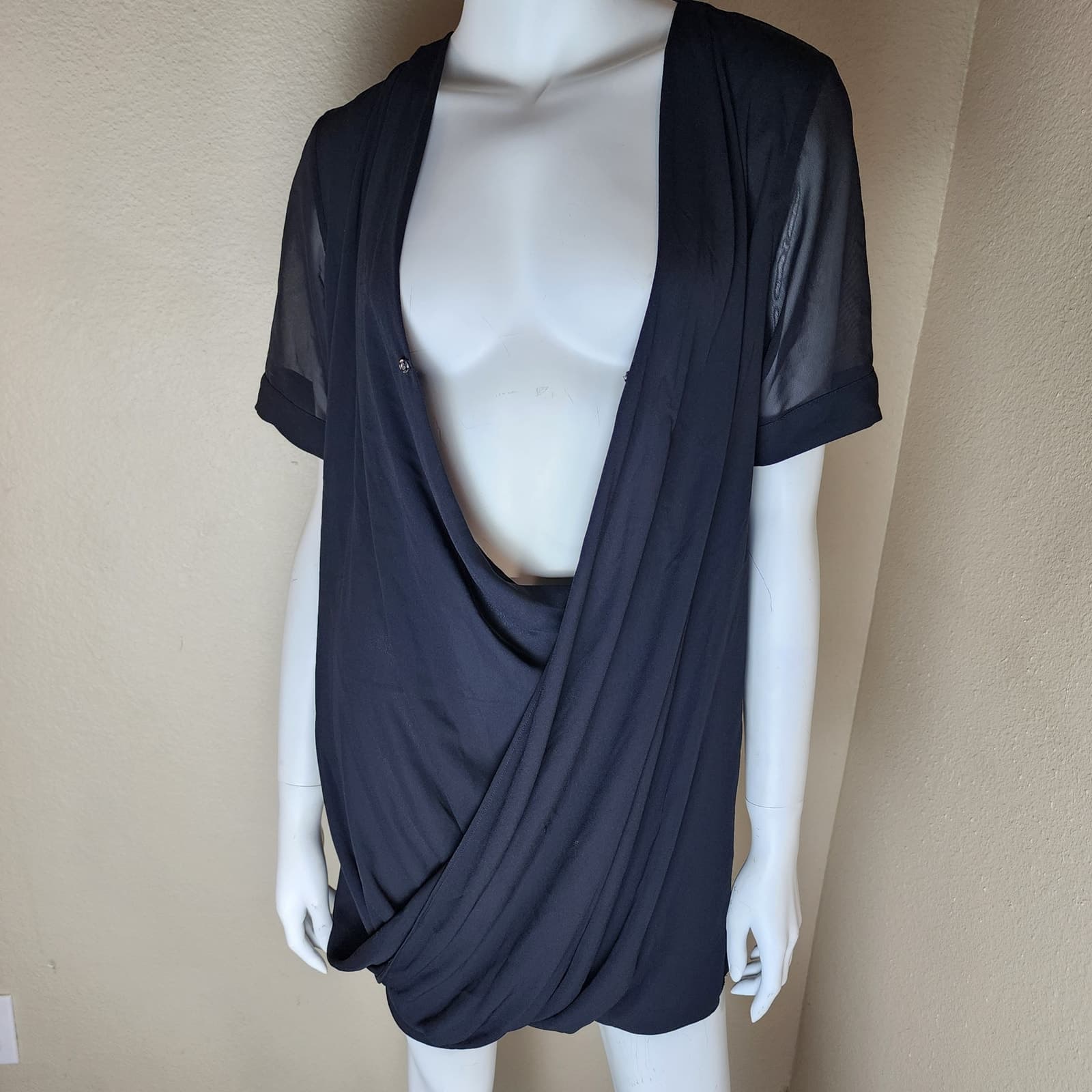 Topshop Black Mini Wrap Dress with Sheer Sleeves, Helmut Lange Dupe, Size 2 - Thumbnail 2