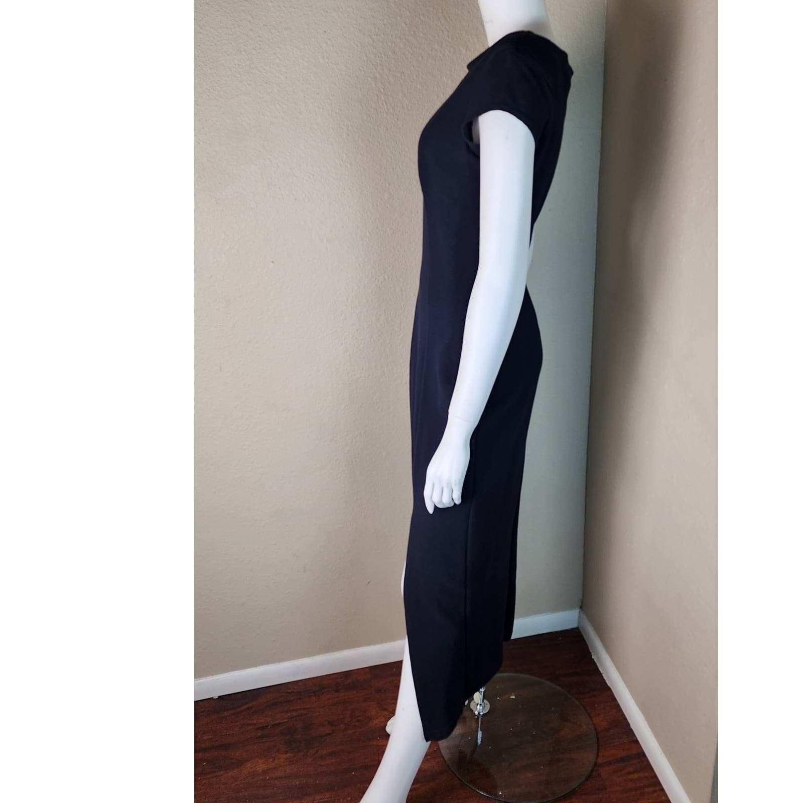 Vintage Matter of Degrees Midi Length Cap Sleeve Ribbed Classic Black Dress, M - Thumbnail 5