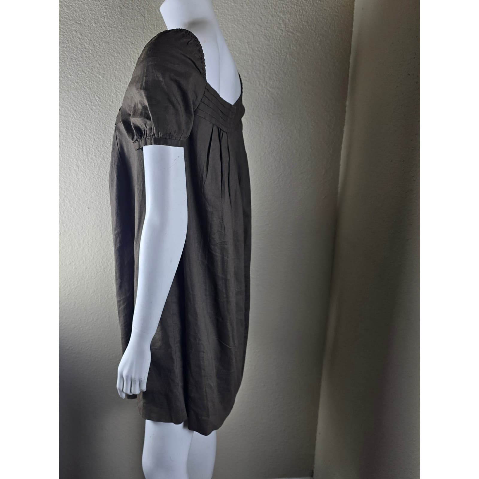 Theory Y2K Brown Linen Blend Babydoll Dress Puff Sleeve Size 2 - Thumbnail 3