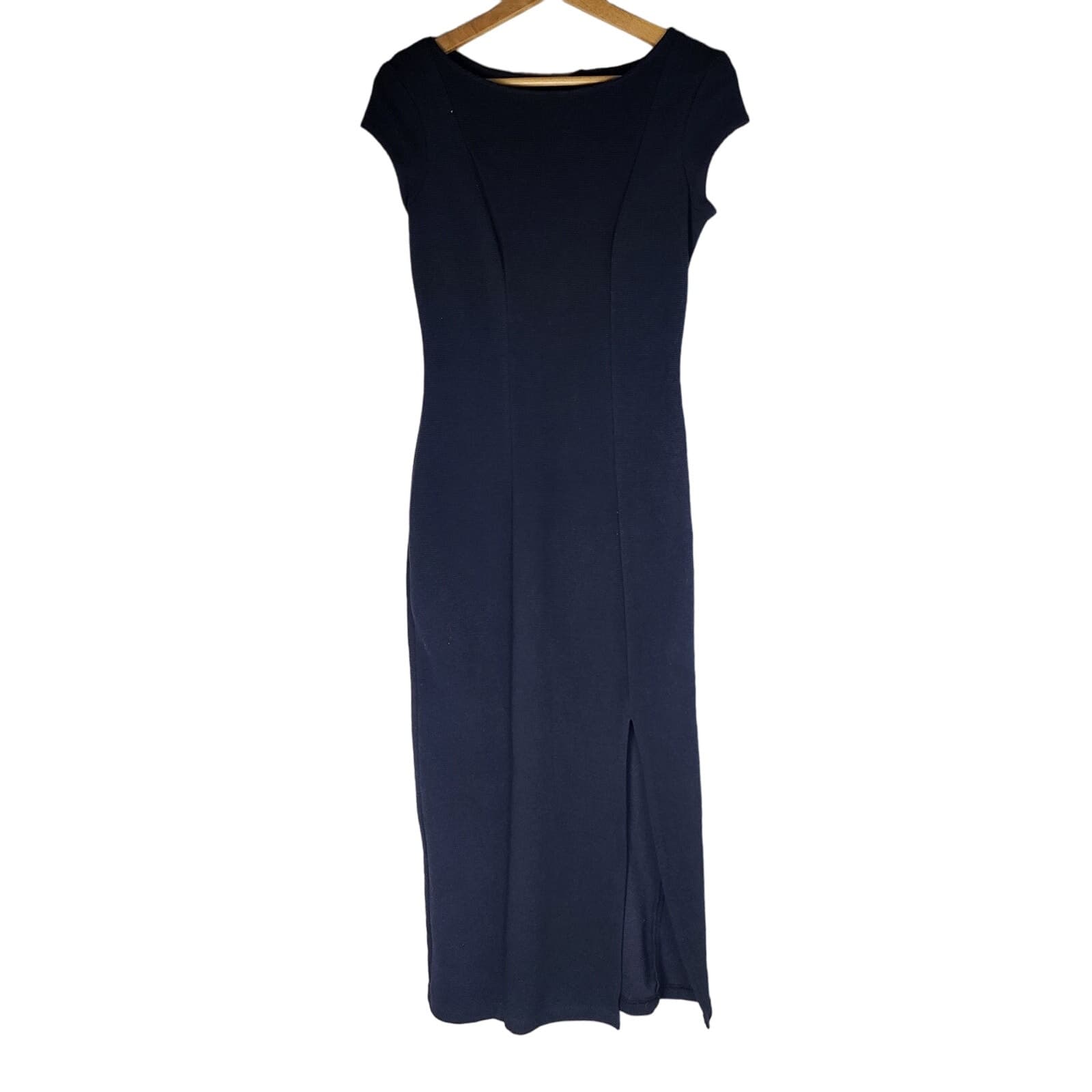 Vintage Matter of Degrees Midi Length Cap Sleeve Ribbed Classic Black Dress, M - Thumbnail 2